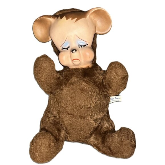 READ Vintage Knickerbocker Pouting Bear Plush Sad Plastic Face Doll 1959 12x11 - Picture 1 of 10